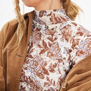 Free People Lyric Lace Mock Neck Top Ivory Combo (Brown & Blue) Sz M